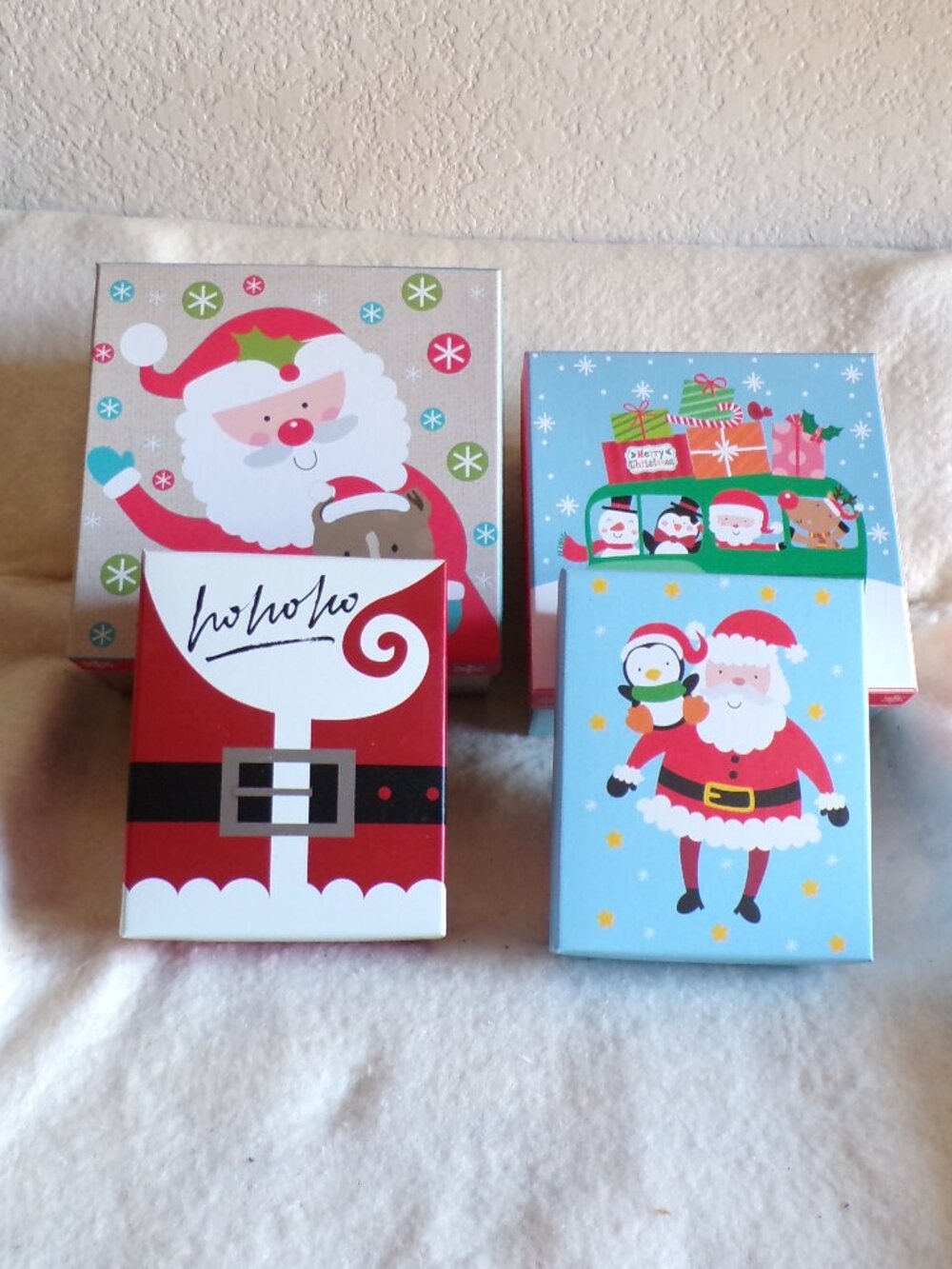 4 Decorative Holiday Boxes Christmas Santa Snowmen Dog HOHOHO New